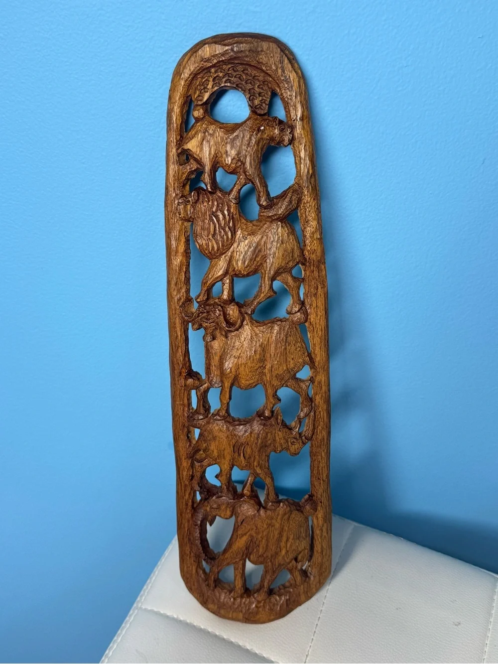 Hand-Carved Wooden African Big Five Wildlife Relief Wall Panel